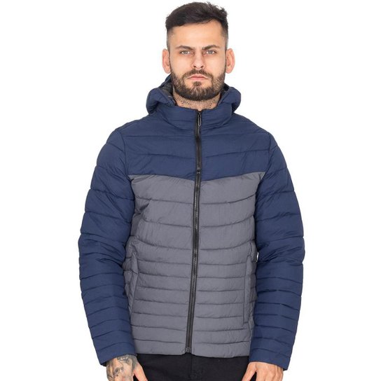 Jaqueta Masculina Puffer Nylon Bicolor Capuz Bolsos - Azul+Chumbo Menor preço em Jaqueta Masculina Puffer Nylon Bicolor Capuz Bolsos - Azul+Chumbo