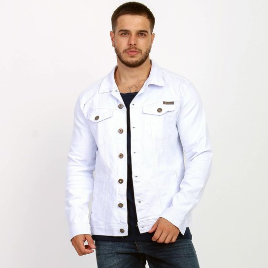 Jaqueta Masculina Sarja Branca Destroyed Jeans Slim - Branco Menor preço em Jaqueta Masculina Sarja Branca Destroyed Jeans Slim - Branco