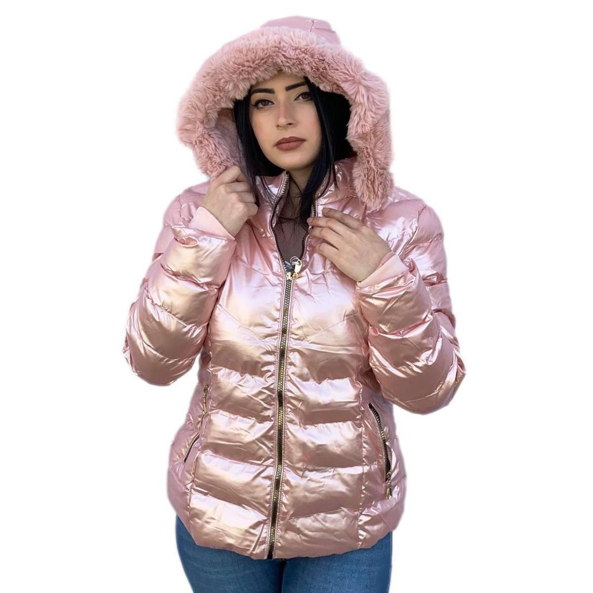 Jaqueta Metalizada Feminina Bobojaco Forrada Com Pelinho Rosa