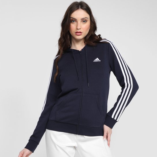 Jaqueta Moletom Adidas Capuz Zíper Essentials 3 Stripes Feminina - Marinho+Branco é ruim? Jaqueta Moletom Adidas Capuz Zíper Essentials 3 Stripes Feminina - Marinho+Branco é boa?