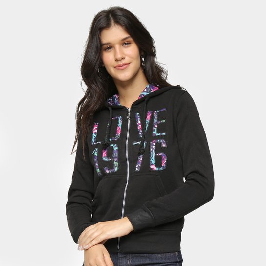 Jaqueta Moletom Facinelli Love Floral Capuz Feminina - Preto Menor preço em Jaqueta Moletom Facinelli Love Floral Capuz Feminina - Preto