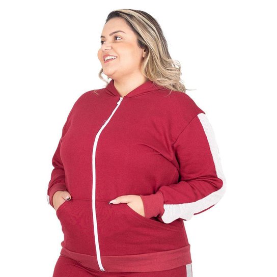 Jaqueta moletom feminina blusa flanelada com capuz faixa - Vermelho+Branco Menor preço em Jaqueta moletom feminina blusa flanelada com capuz faixa - Vermelho+Branco