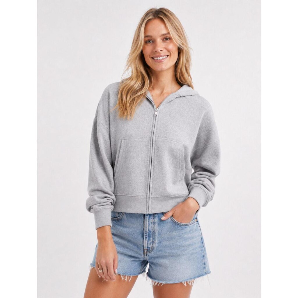 Jaqueta Moletom feminina Cropped Flow Aveloz com zíper e Capuz Cinza