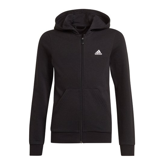 Jaqueta Moletom Infantil com Capuz Adidas Essencial Track Feminino - Preto+Branco Menor preço em Jaqueta Moletom Infantil com Capuz Adidas Essencial Track Feminino - Preto+Branco