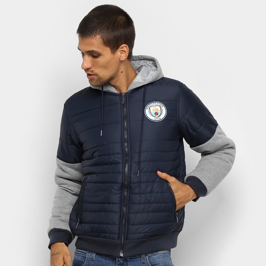 Jaqueta Moletom Manchester City Puffer Padding Masculina - Marinho+Cinza Menor preço em Jaqueta Moletom Manchester City Puffer Padding Masculina - Marinho+Cinza