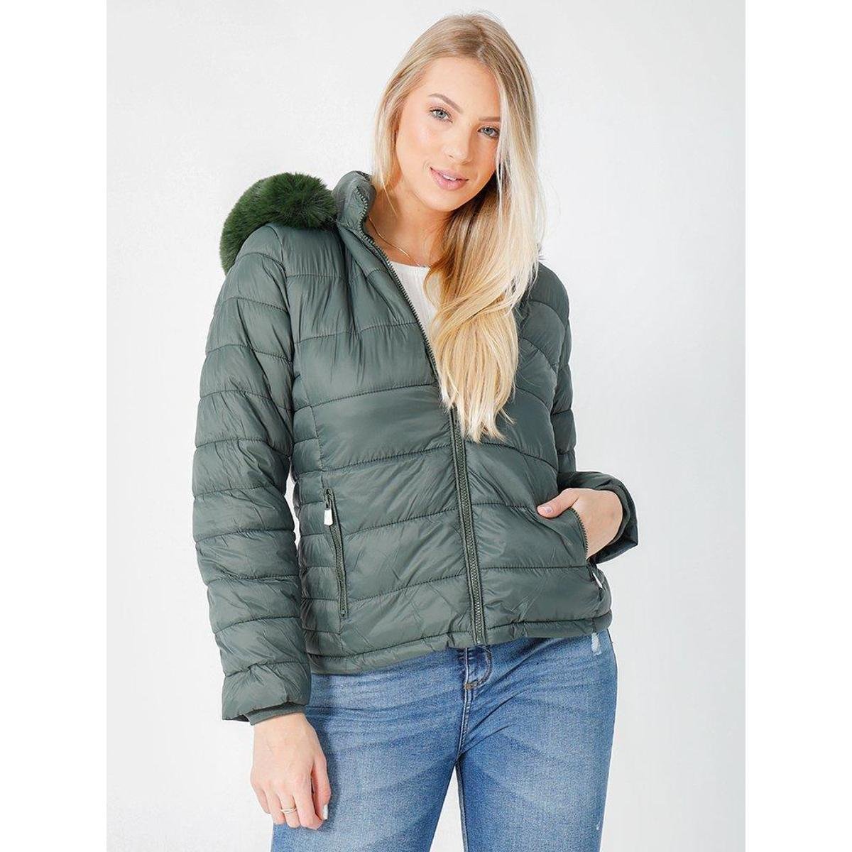 Jaqueta Nylon Puffer Forrada Capuz Removível Peluciado Feminina Menor preço em Jaqueta Nylon Puffer Forrada Capuz Removível Peluciado Feminina