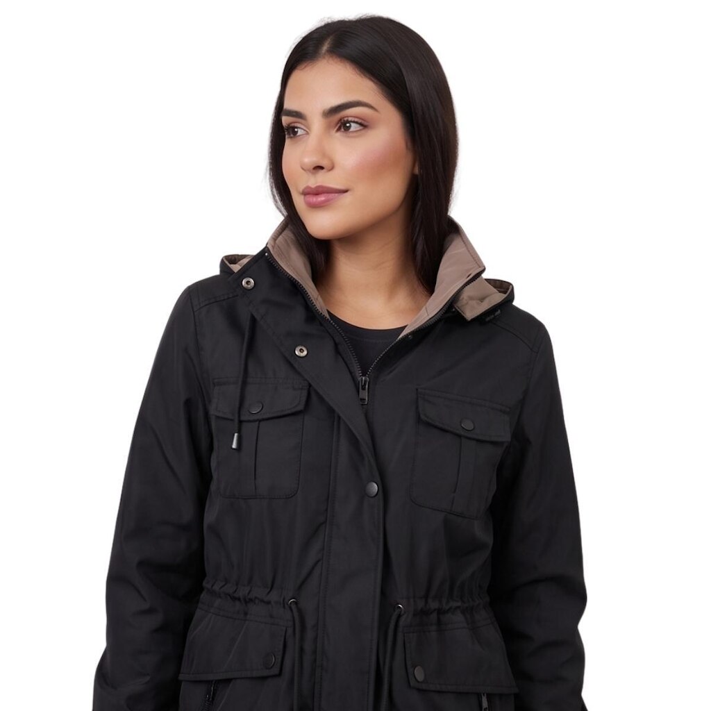 Jaqueta Parka Feminina Dupla Face Com Capuz Inverno