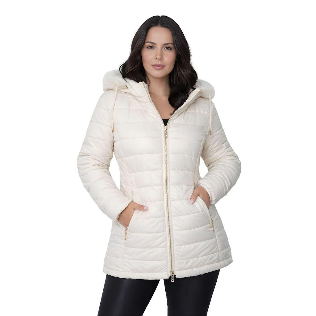 Jaqueta ParKa Feminina Dupla Face Nylon/Peluciada Off-White