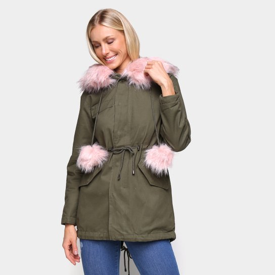 Jaqueta Parka Nylon SeV Com Capuz Pelo Feminina - Verde+Rosa Menor preço em Jaqueta Parka Nylon SeV Com Capuz Pelo Feminina - Verde+Rosa