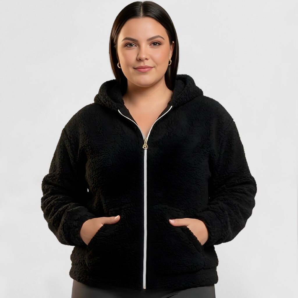 Jaqueta Plus Size Teddy Casaco Feminina com Bolso e Capuz G1 ao G3