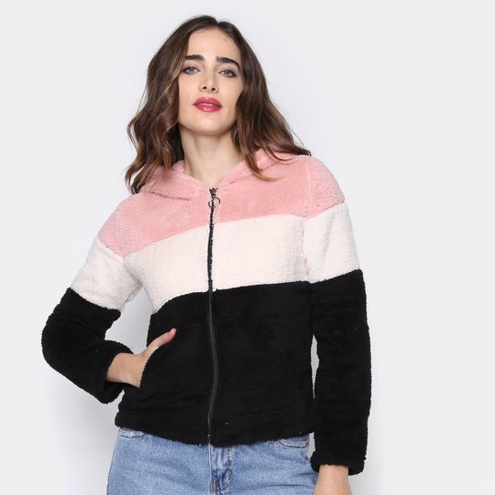 Jaqueta Proxy Pelinho Tricolor Com Capuz Feminino - Rosa+Preto Menor preço em Jaqueta Proxy Pelinho Tricolor Com Capuz Feminino - Rosa+Preto