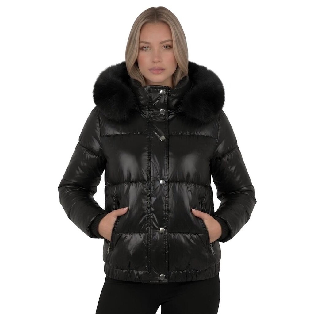 Jaqueta Puffer Feminina Nylon Peluciada Capuz Removível Preta