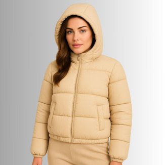 Jaqueta Puffer Feminina Preta com Capuz Quente e Confortável Cereja Rosa