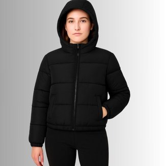 Jaqueta Puffer Feminina Preta com Capuz Quente e Confortável Cereja Rosa