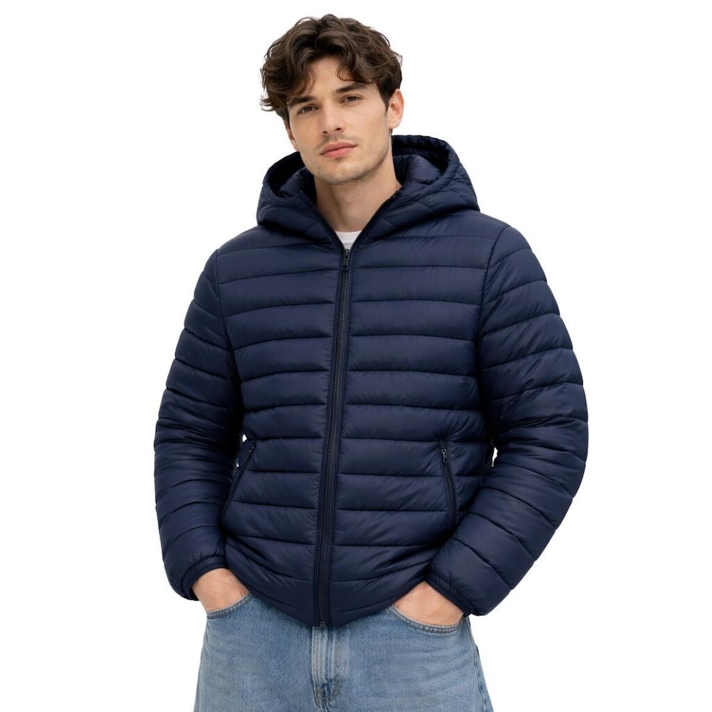 Jaqueta Puffer Masculina Impermeável com Capuz Removível e Bolsos com Zíper