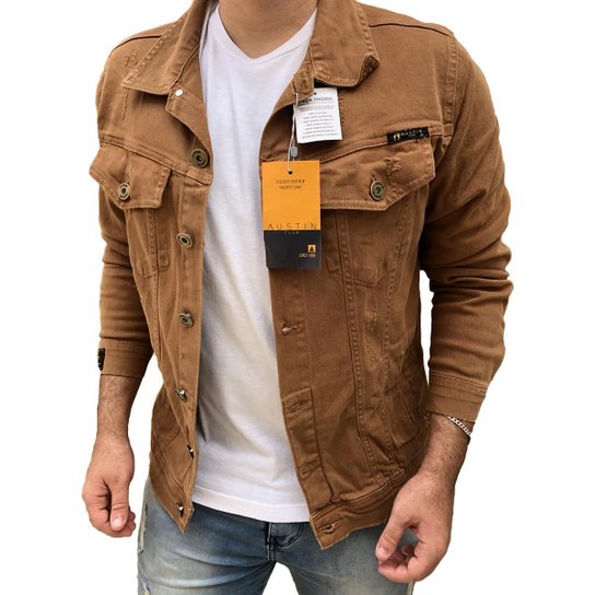 Jaqueta Sarja Caramelo Detalhes Destroyed Masculina - Marrom-Claro Menor preço em Jaqueta Sarja Caramelo Detalhes Destroyed Masculina - Marrom-Claro
