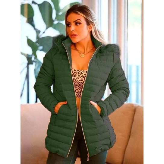 Jaqueta Sobretudo Feminino Nylon Bolso de Zíper - Verde Menor preço em Jaqueta Sobretudo Feminino Nylon Bolso de Zíper - Verde