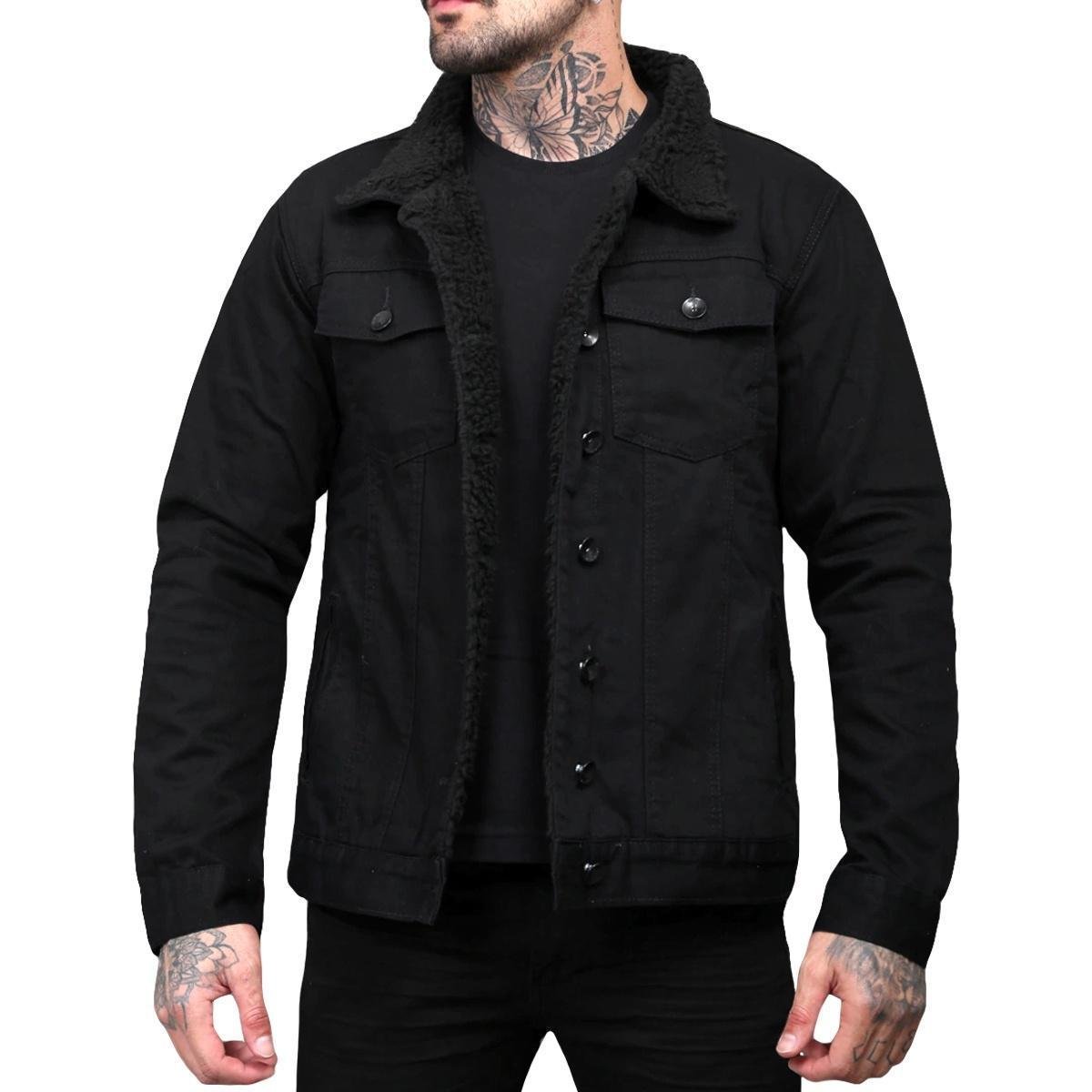 Jaqueta Trucker Sherpa Forro Pelinho Masculina Preta Forrada Menor preço em Jaqueta Trucker Sherpa Forro Pelinho Masculina Preta Forrada