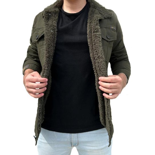Jaqueta Trucker Sherpa Forro Pelinhos Masculina Verde Escuro - Verde Militar Menor preço em Jaqueta Trucker Sherpa Forro Pelinhos Masculina Verde Escuro - Verde Militar