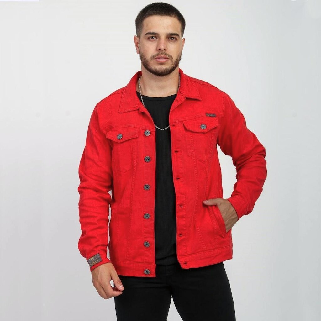 Jaqueta Vermelha Destroyed Rasgada Masculina Sarja Premium