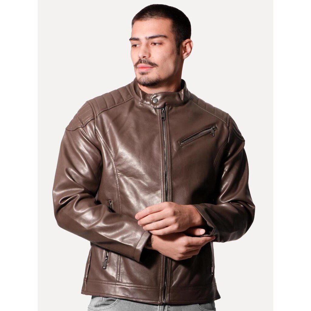 Jaqueta Victory Eagle Masculina PU Leather Zip Chest Marrom