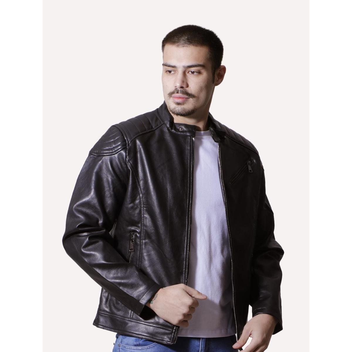 Jaqueta Victory Eagle Masculina PU Leather Zip Chest Preta Menor preço em Jaqueta Victory Eagle Masculina PU Leather Zip Chest Preta
