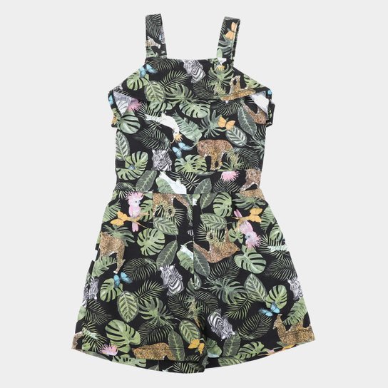 Jardineira Infantil Fakini Curto Folhagens Feminina - Preto Menor preço em Jardineira Infantil Fakini Curto Folhagens Feminina - Preto