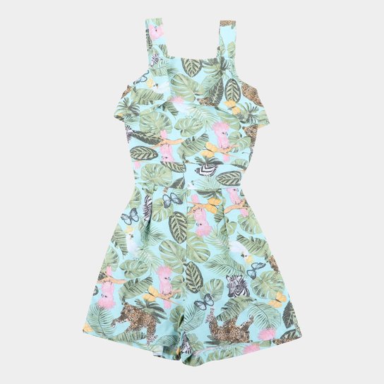 Jardineira Infantil Fakini Curto Folhagens Feminina - Azul Menor preço em Jardineira Infantil Fakini Curto Folhagens Feminina - Azul