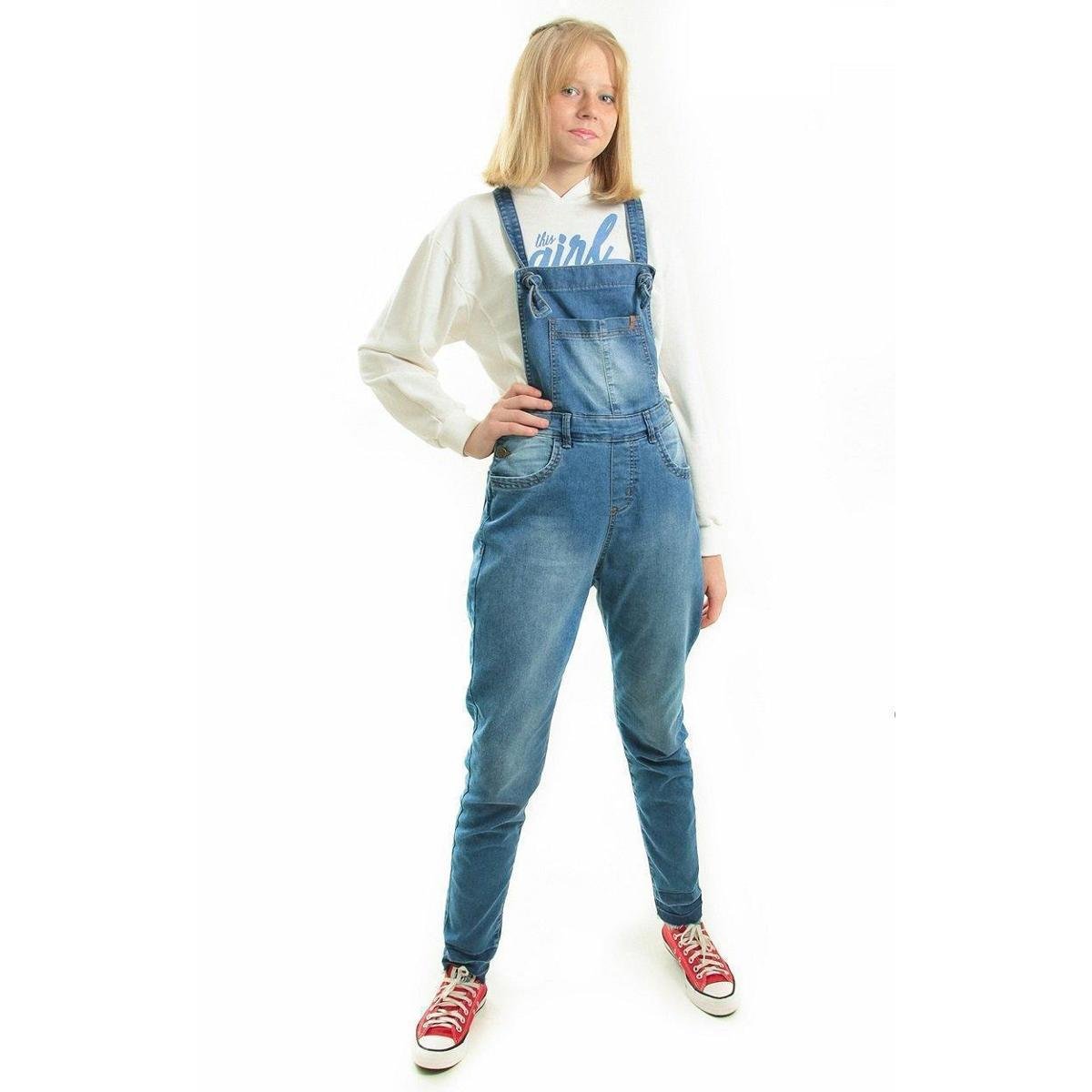 Jardineira Infantil Feminina Jeans Mom Menor preço em Jardineira Infantil Feminina Jeans Mom