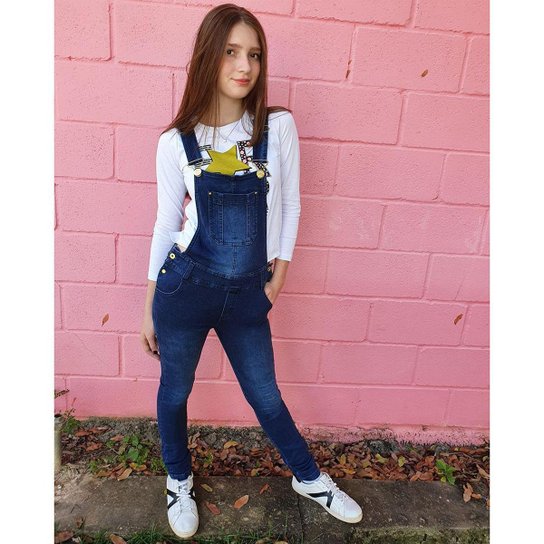 Jardineira Jeans Premium Longa Macacão Infantil Tam 1 ao 16 Destroyed Menina Feminina Blogueira Fash - Azul Escuro Menor preço em Jardineira Jeans Premium Longa Macacão Infantil Tam 1 ao 16 Destroyed Menina Feminina Blogueira Fash - Azul Escuro
