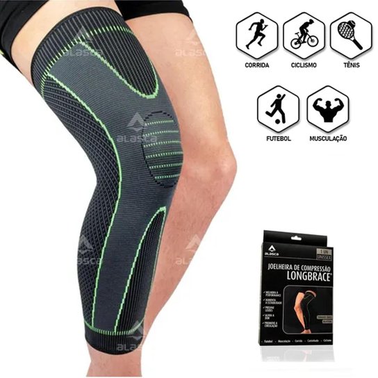 Joelheira de Compressão LongBrace Alasca para corrida, musculação, futebol e ciclismo. Ideal para al - Preto+verde Menor preço em Joelheira de Compressão LongBrace Alasca para corrida, musculação, futebol e ciclismo. Ideal para al - Preto+verde