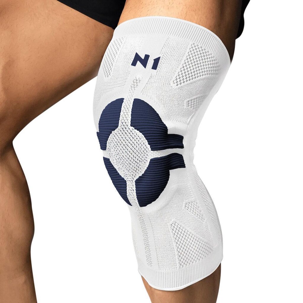 Joelheira N1 Sport Pro com haste Lateral e Gel - 01 Unidade Branca e Marinho