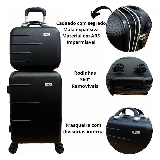 Jogo Conjunto com 2 Malas Viagem 1 P E 1 PP + 2 Frasqueiras Bordo 10k