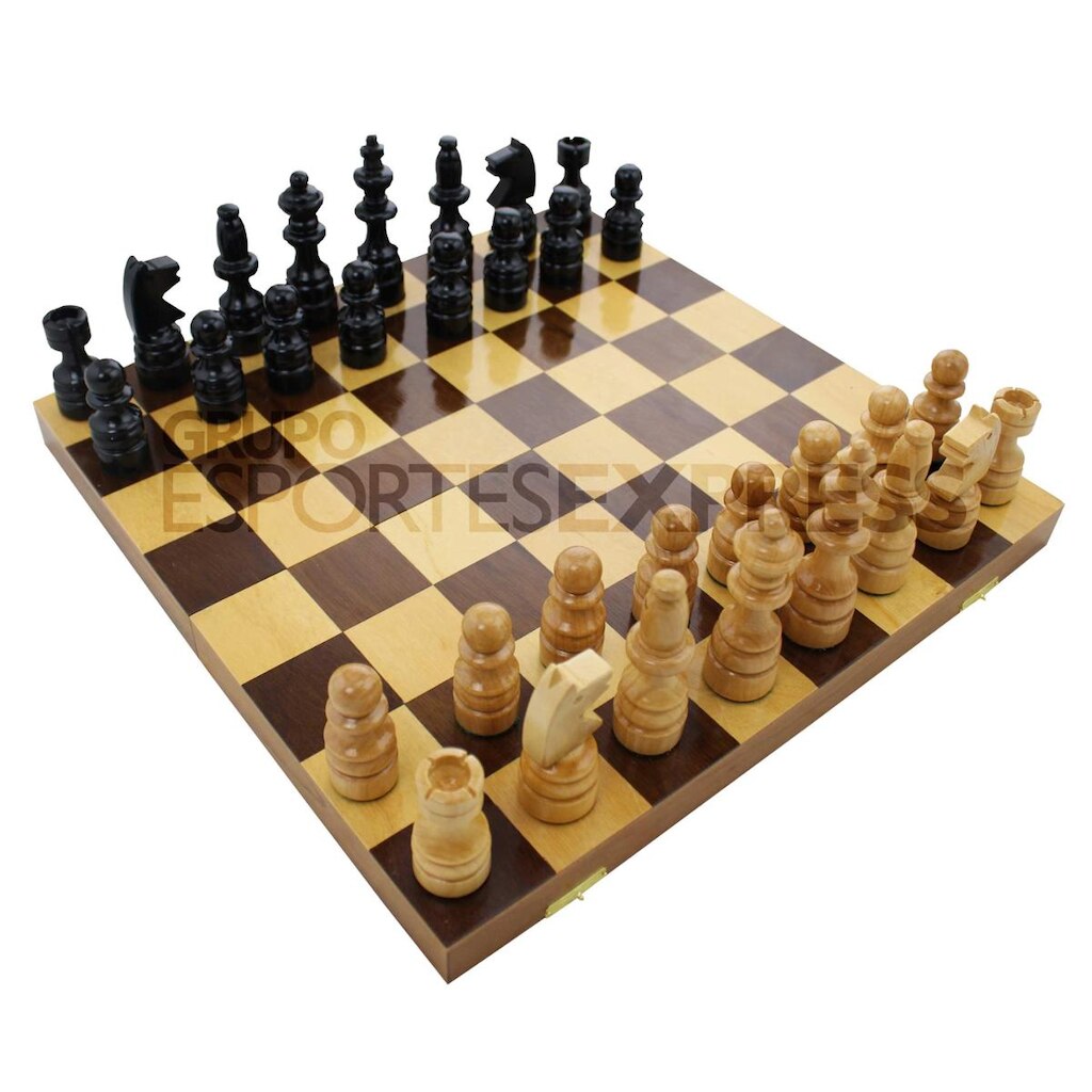 Jogo de Xadrez com Estojo Marchetado 32x32cm + Peças de Madeira Nobre - Cód. 106