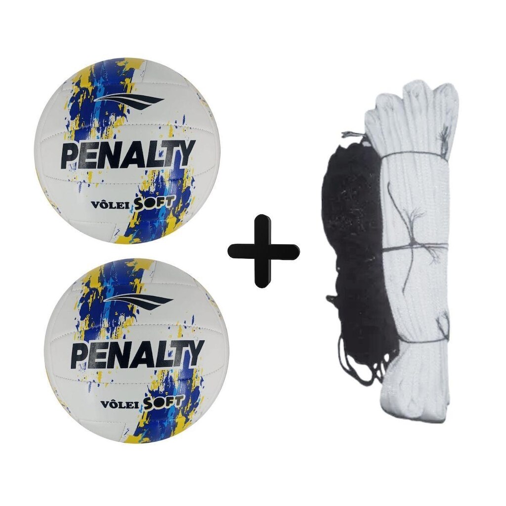 Kit 02 Bolas De Volei Penalty Soft X Costurada+Rede Vôlei Master Rede Seda 5M 1 Faixa Sintética