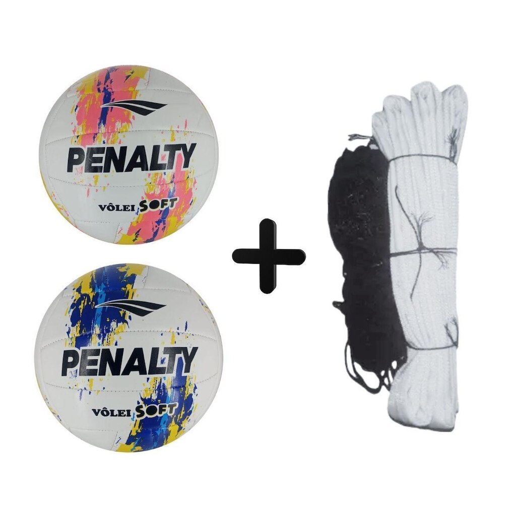Kit 02 Bolas De Volei Penalty Soft X Costurada+Rede Vôlei Master Rede Seda 5M 1 Faixa Sintética