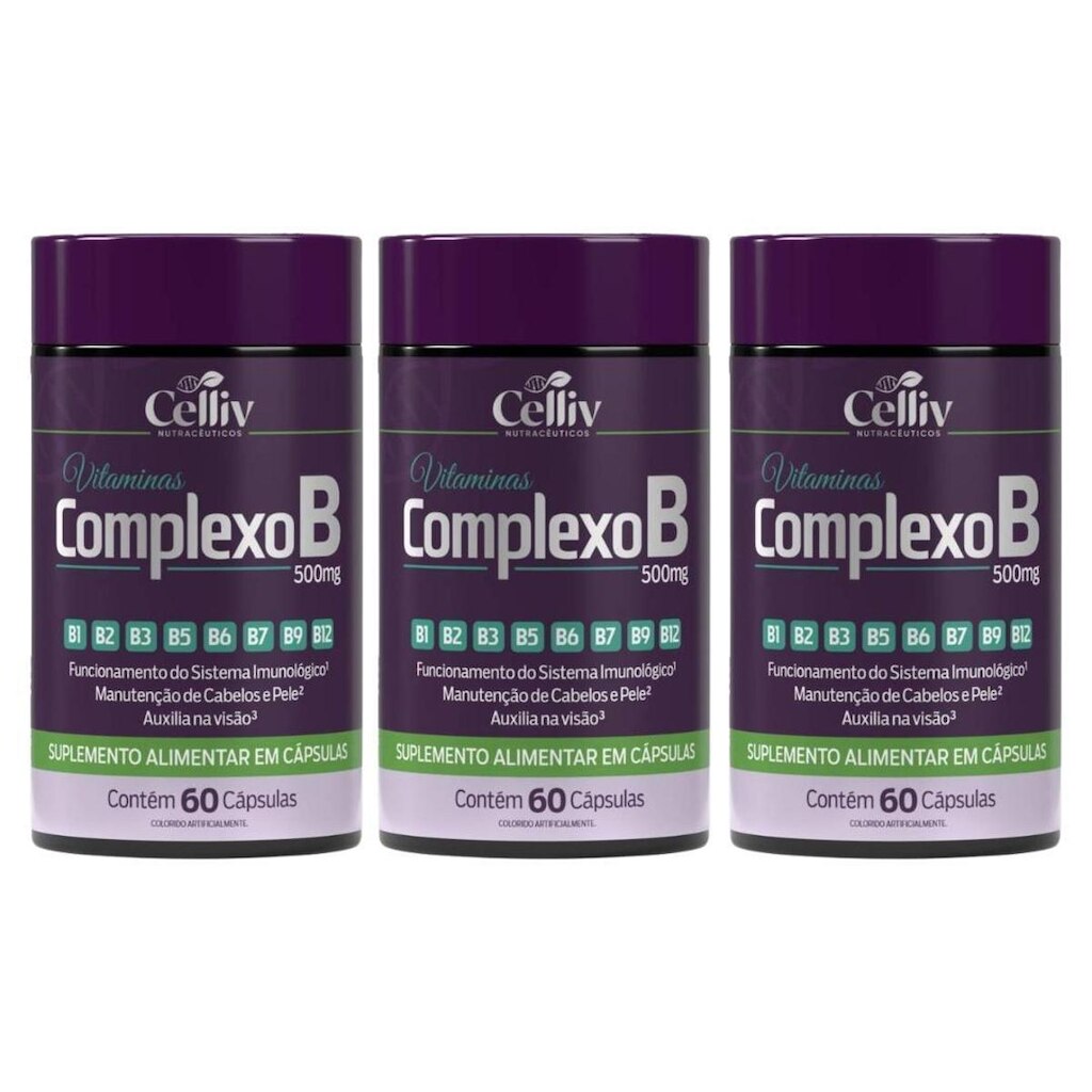 Kit 03 Complexo B (B1, B2, B3, B5, B6, B7, B9, B12) 60 Caps de 500MG Celliv