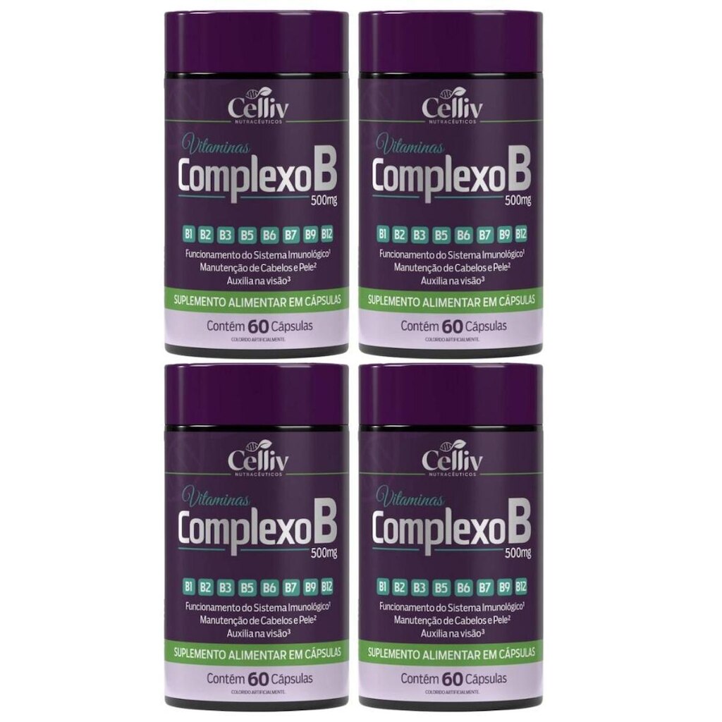 Kit 04 Complexo B (B1, B2, B3, B5, B6, B7, B9, B12) 60 Caps de 500MG Celliv