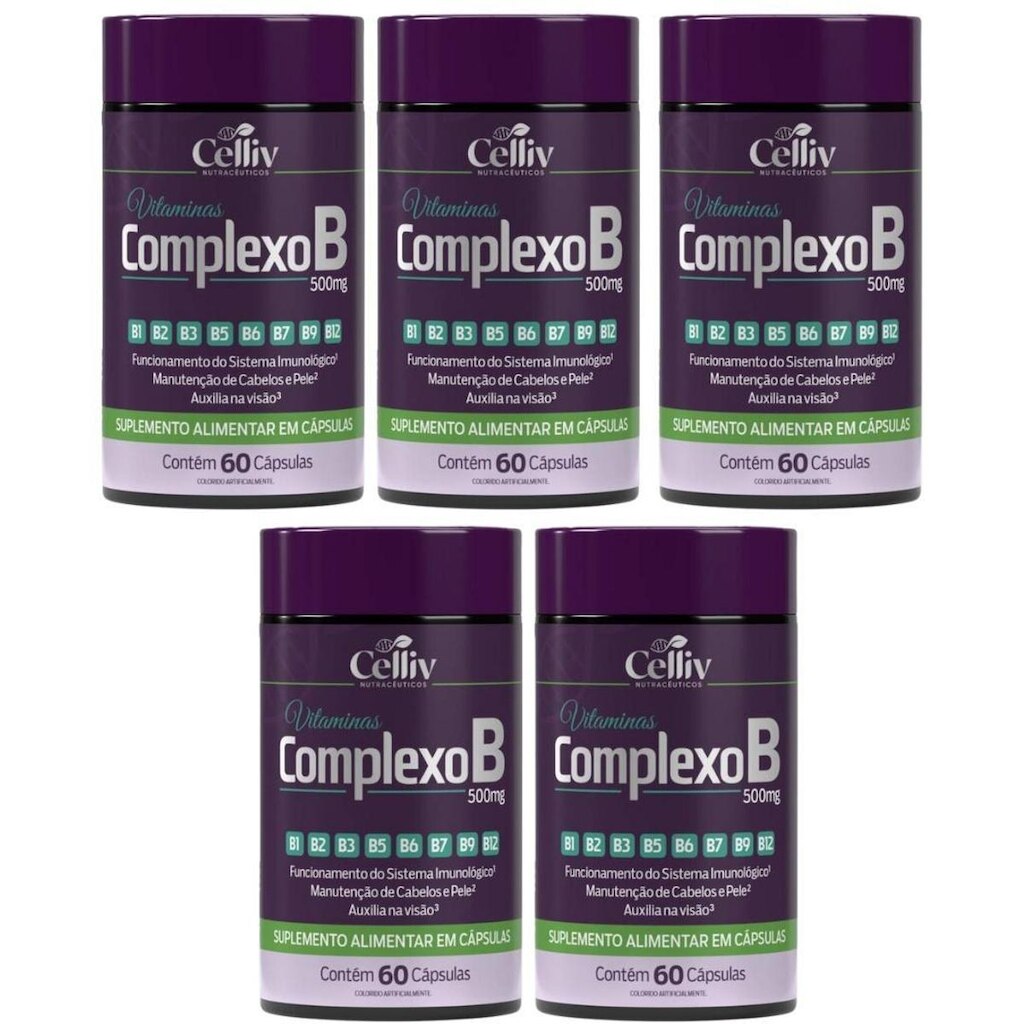 Kit 05 Complexo B (B1, B2, B3, B5, B6, B7, B9, B12) 60 Caps de 500MG Celliv