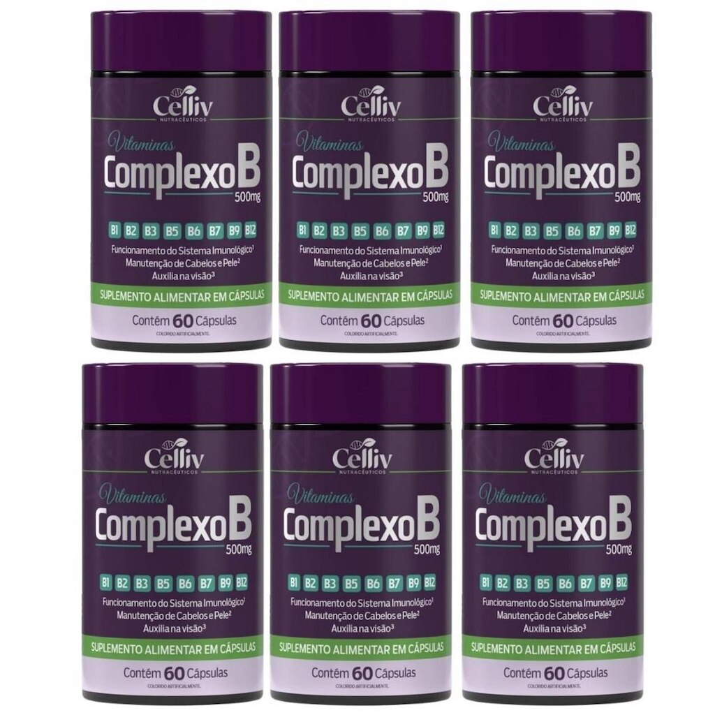 Kit 06 Complexo B (B1, B2, B3, B5, B6, B7, B9, B12) 60 Caps de 500MG Celliv