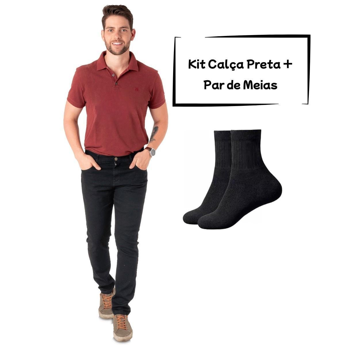 Kit 1 Calça Jeans Elastano Preta + 1 Par de Meias Preta