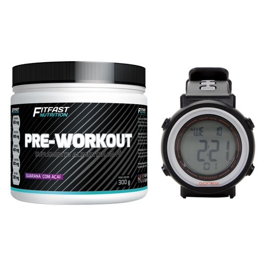 Kit 1 Monitor Cardíaco + 1 Pré-Treino 300G Fitfast Nutrition - Preto+Prata