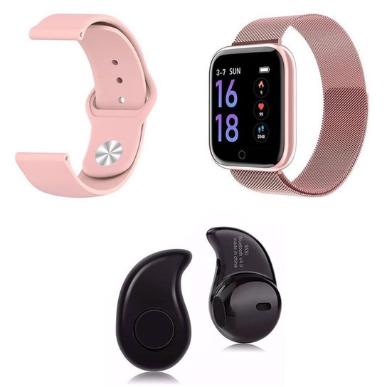 Kit 1 Relógio Smartwatch P70 Android iOS + 1 Pulseira Extra + 1 Mini Fone Bluetooth Preto - Rosa Menor preço em Kit 1 Relógio Smartwatch P70 Android iOS + 1 Pulseira Extra + 1 Mini Fone Bluetooth Preto - Rosa