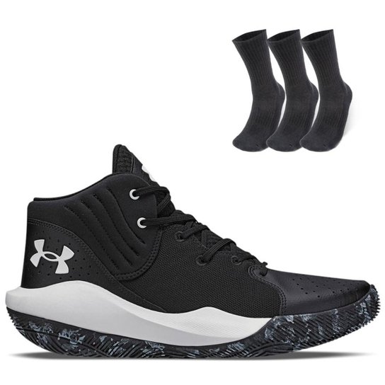 Kit 1 Tênis de Basquete Masculino Under Armour Jet 21 e 1 Pct com 3 pares de Meia cano alto - Preto Menor preço em Kit 1 Tênis de Basquete Masculino Under Armour Jet 21 e 1 Pct com 3 pares de Meia cano alto - Preto