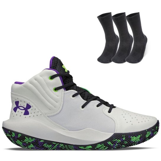 Kit 1 Tênis de Basquete Masculino Under Armour Jet 21 e 1 Pct com 3 pares de Meia cano alto - Branco Menor preço em Kit 1 Tênis de Basquete Masculino Under Armour Jet 21 e 1 Pct com 3 pares de Meia cano alto - Branco