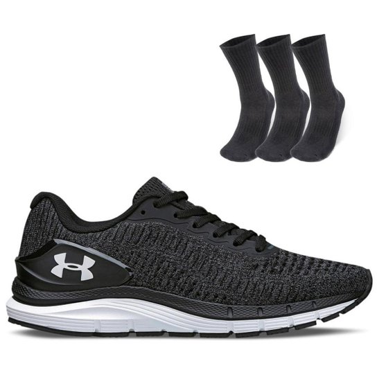 Menor preço em Kit 1 Tênis de Corrida Masculino Under Armour Charged Skyline 3 SE e 1 Pct com 3 pares de Meia cano - Preto