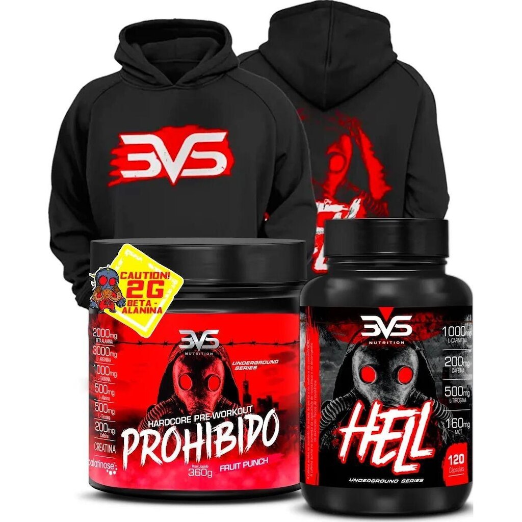 Kit 1 Termogênico Hell, 1 Pré Treino Prohibido 360g e 1 Moletom
