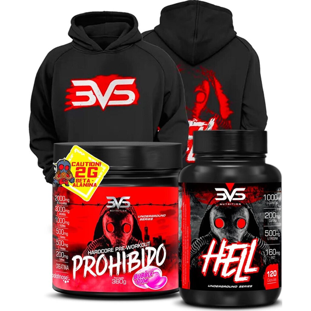 Kit 1 Termogênico Hell, 1 Pré Treino Prohibido 360g e 1 Moletom
