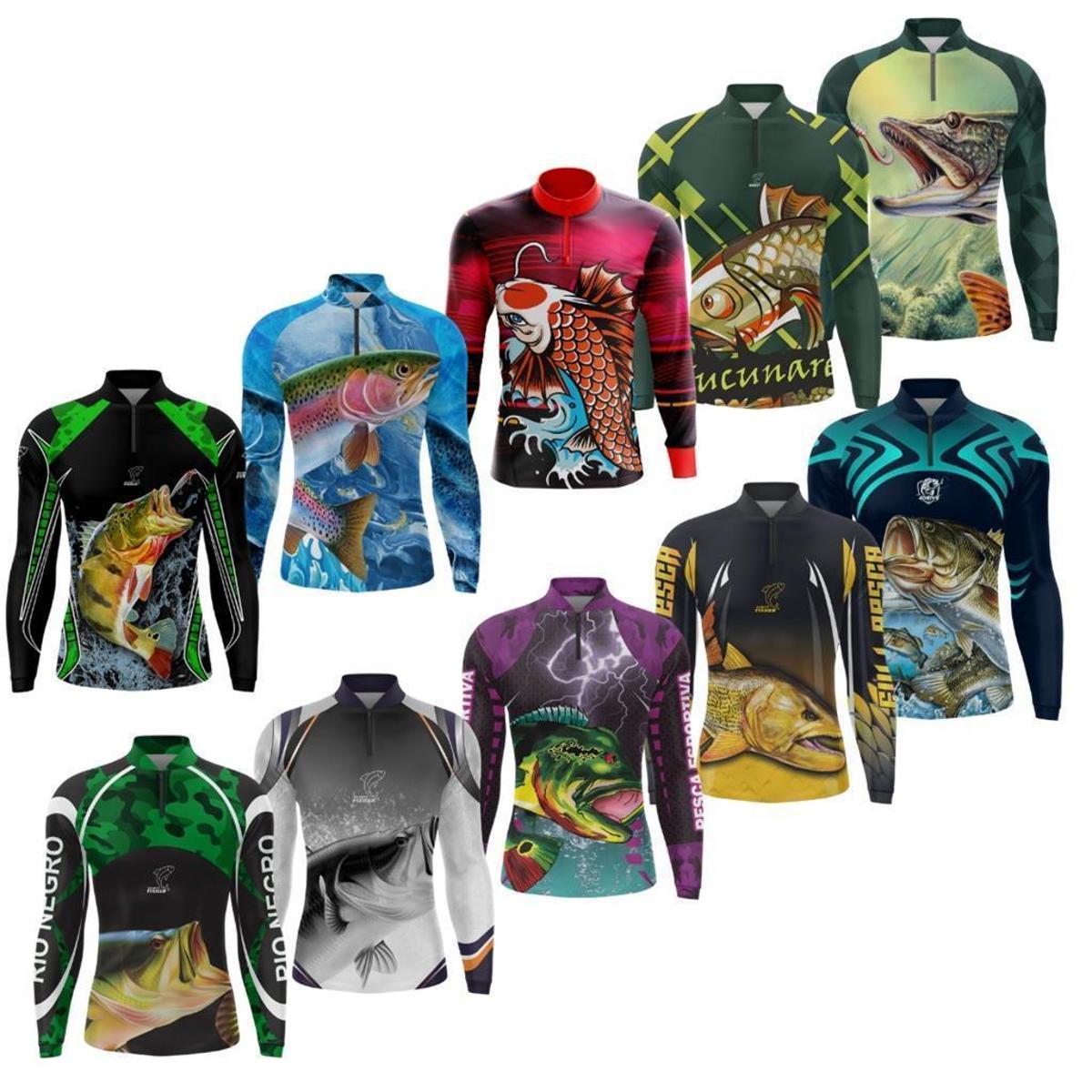 Kit 10 Camisas De Pesca Camiseta Pescaria Personalizada Proteção UV50 ...