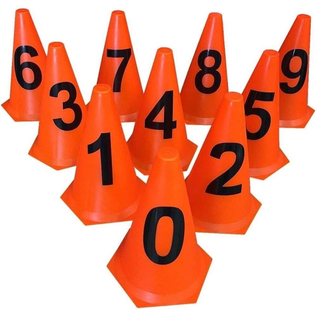 Kit 10 Cones 23cm - Numerados 0 a 9 - Laranja - Treino de Agilidade e Funcional - LDM